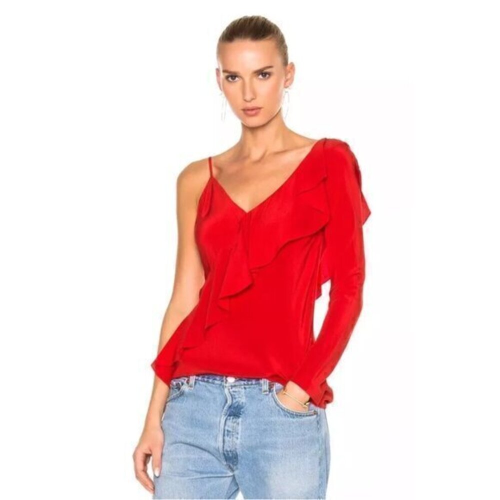 NWT Diane von Furstenberg Asymmetrical Sleeve Ruffled Silk Blouse In Dare Red  8